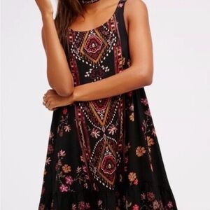 Free People Black Mini Midi Dress with Red and Tan Embroidered Print